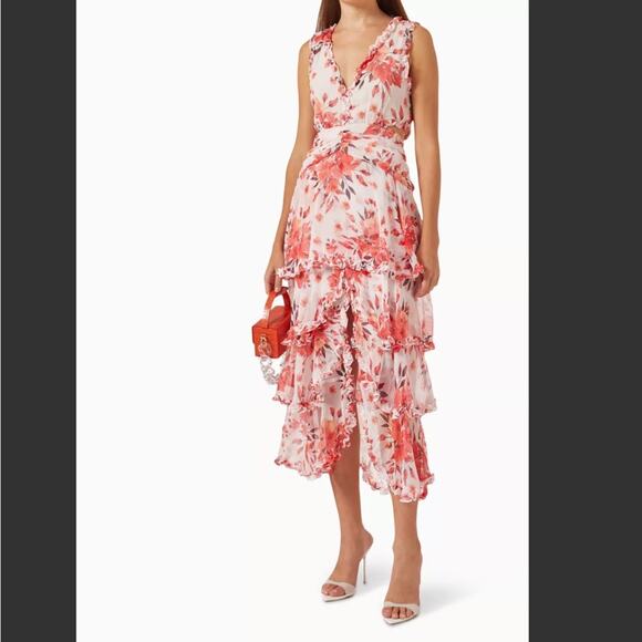 elliatt event pink floral ruffled tiered cutout maxi long gown dress size  small